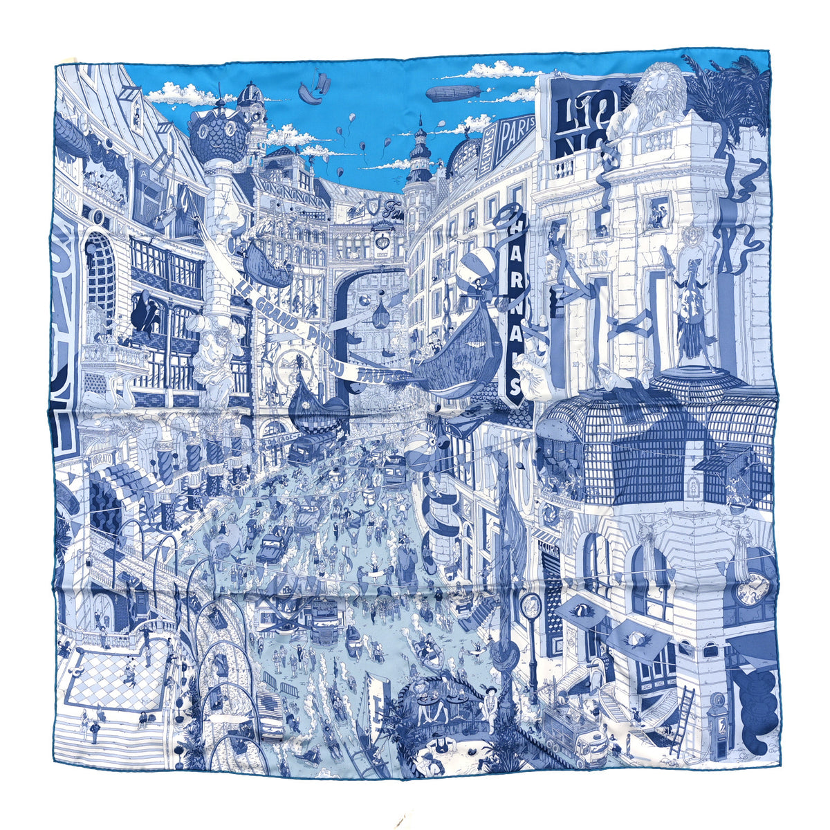 Hermes Silk Le Grand Prix du Faubourg Scarf 90 Bleu Azur Bleu Jean White 1 of 3