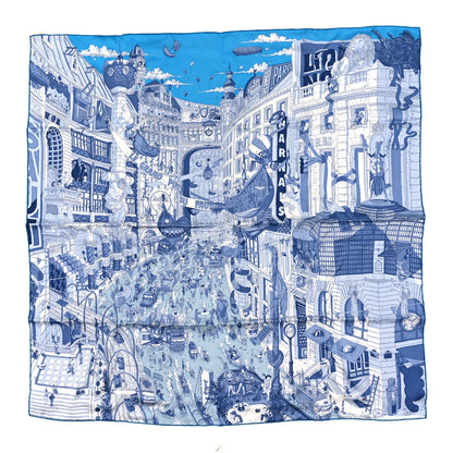 Hermes Silk Le Grand Prix du Faubourg Scarf 90 Bleu Azur Bleu Jean White 1 of 3