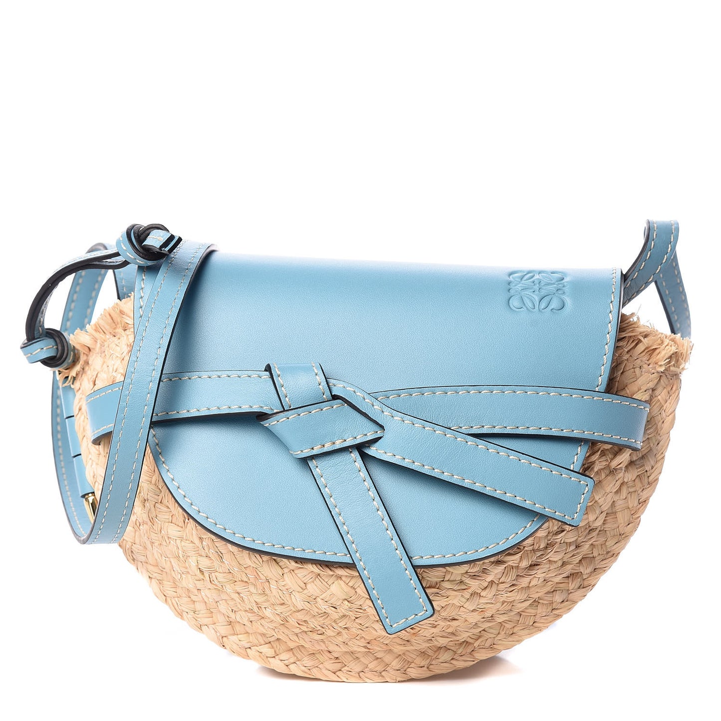 Calfskin Raffia Mini Gate Crossbody Bag Light Blue Natural