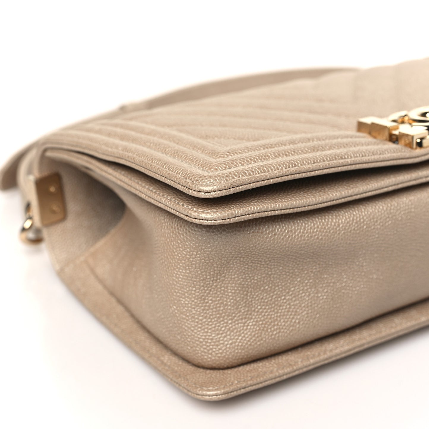 Iridescent Caviar Chevron Quilted Medium Boy Flap Beige