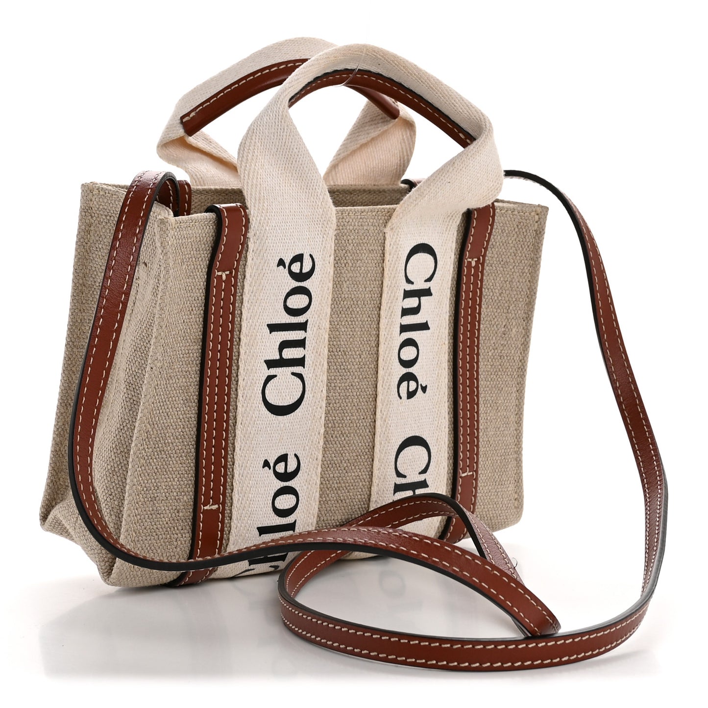 Linen Calfskin Mini Woody Ribbon Tote White Brown