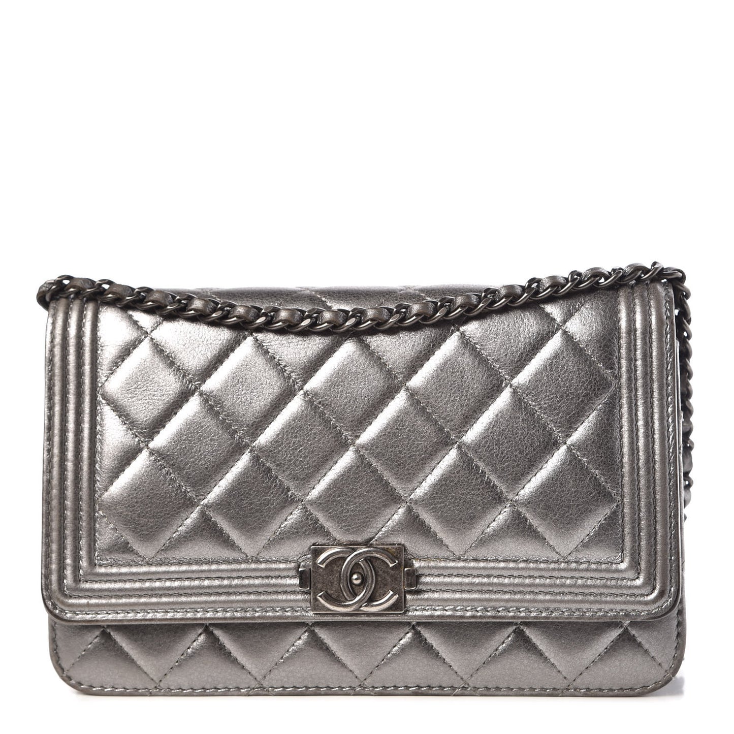 Metallic Calfskin Quilted Boy Wallet On Chain WOC Silver