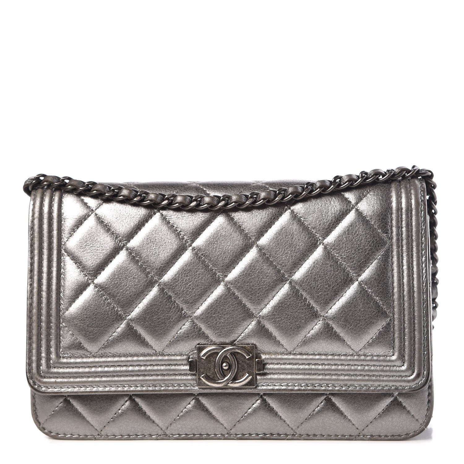 Chanel Metallic Calfskin Quilted Boy Wallet On Chain WOC Silver 1 of 13