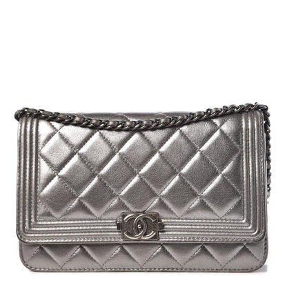 Chanel Metallic Calfskin Quilted Boy Wallet On Chain WOC Silver 1 of 13