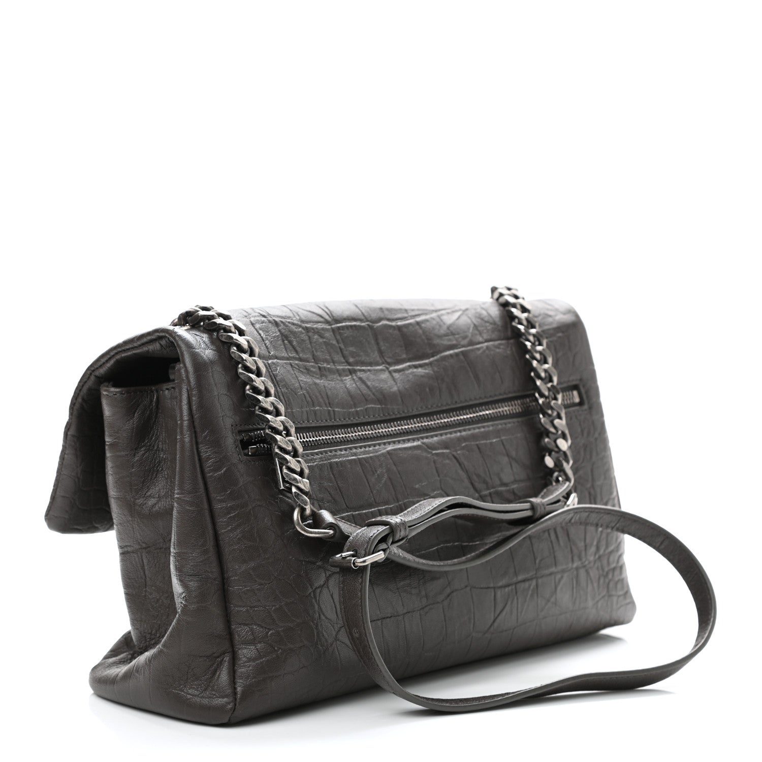 Saint Laurent Calfskin Crocodile Embossed Medium West Hollywood Monogram Fold-Over Grey 3 of 11