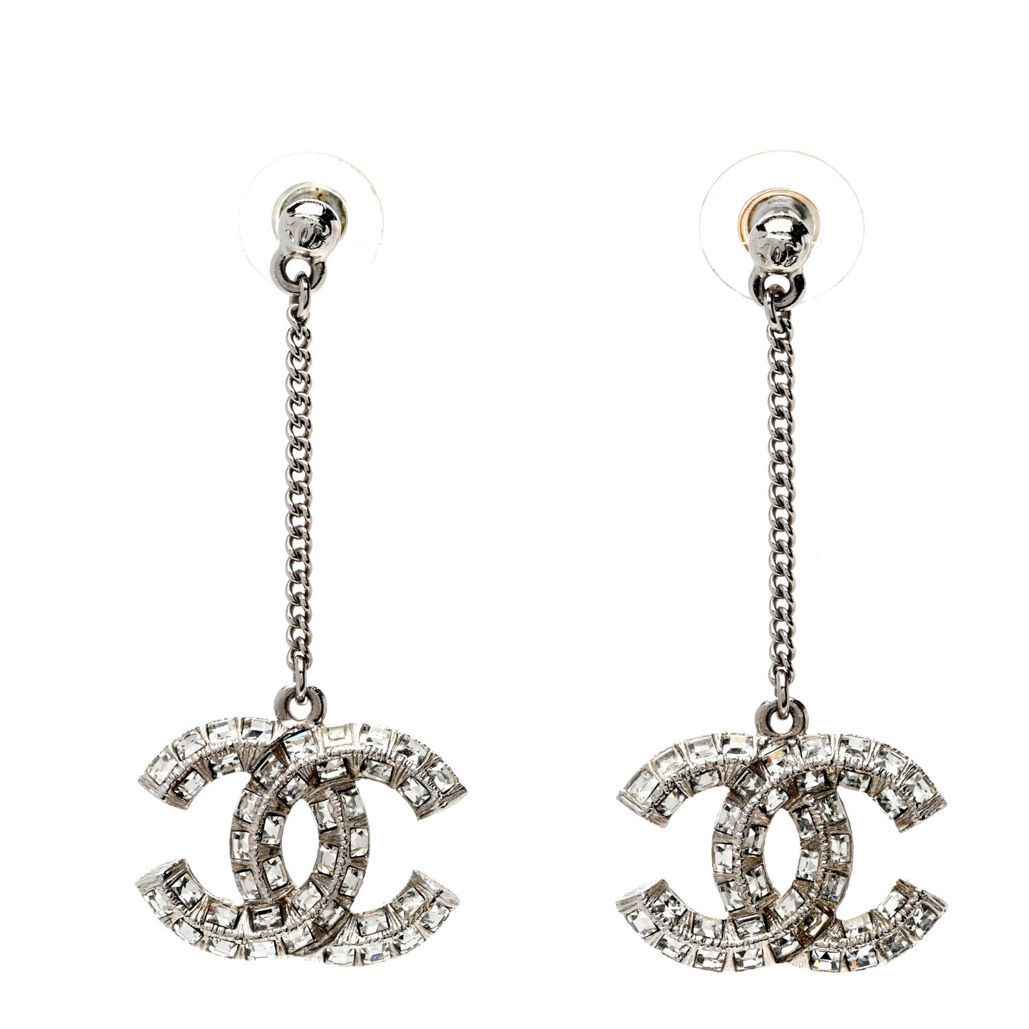 Baguette Crystal CC Drop Earrings Silver