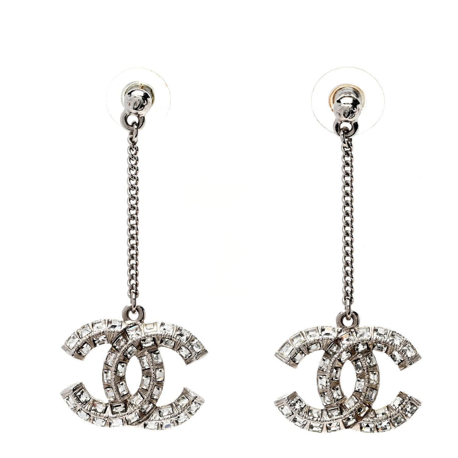 Chanel Baguette Crystal CC Drop Earrings Silver 1 of 5