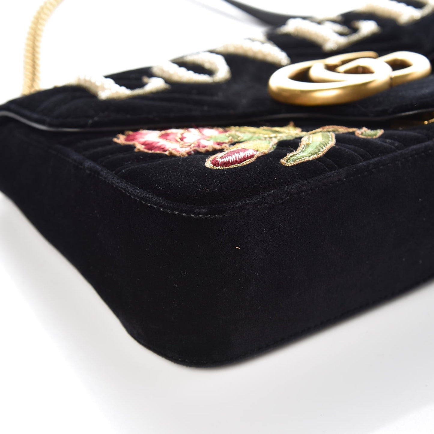 Velvet Matelasse Loved Embroidered Medium GG Marmont Shoulder Bag Black