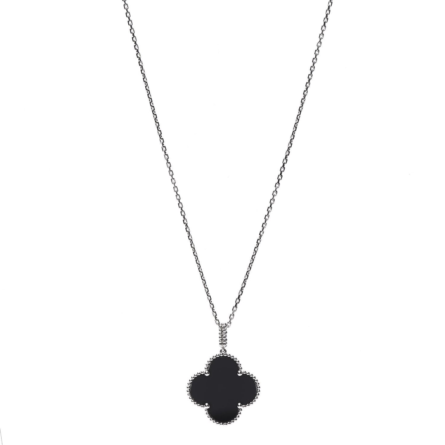 18K White Gold Black Onyx Magic Alhambra Pendant Necklace