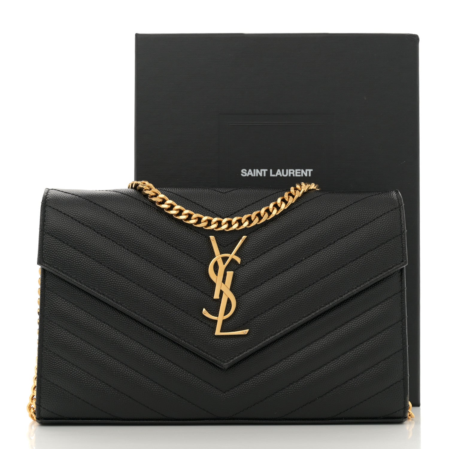 Saint Laurent Grain De Poudre Matelasse Chevron Monogram Chain Wallet Black 15 of 15