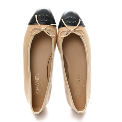 Lambskin Cap Toe CC Ballerina Flats 40.5 Beige Black