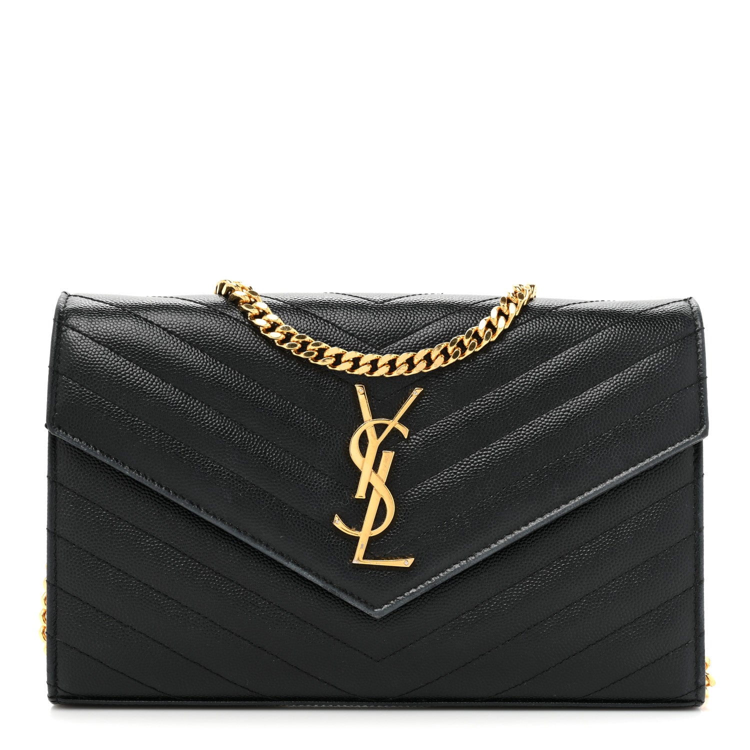 Saint Laurent Grain De Poudre Matelasse Chevron Monogram Chain Wallet Black 1 of 17