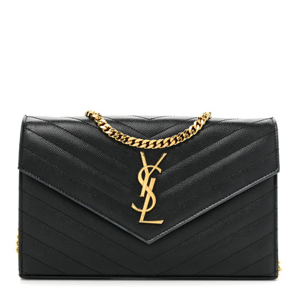Saint Laurent Grain De Poudre Matelasse Chevron Monogram Chain Wallet Black 1 of 17