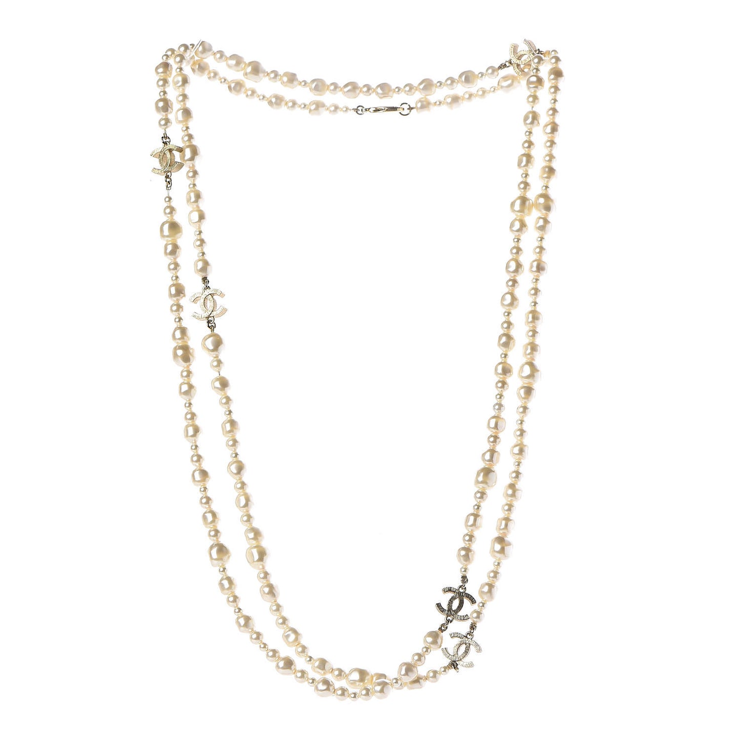 Graduated Pearl CC Long Necklace Light Gold