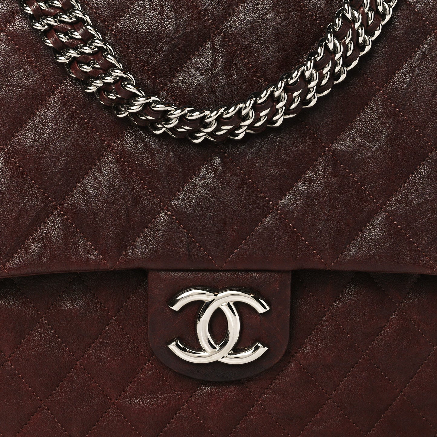 Washed Lambskin Quilted Chain Around Maxi Flap Dark Brown