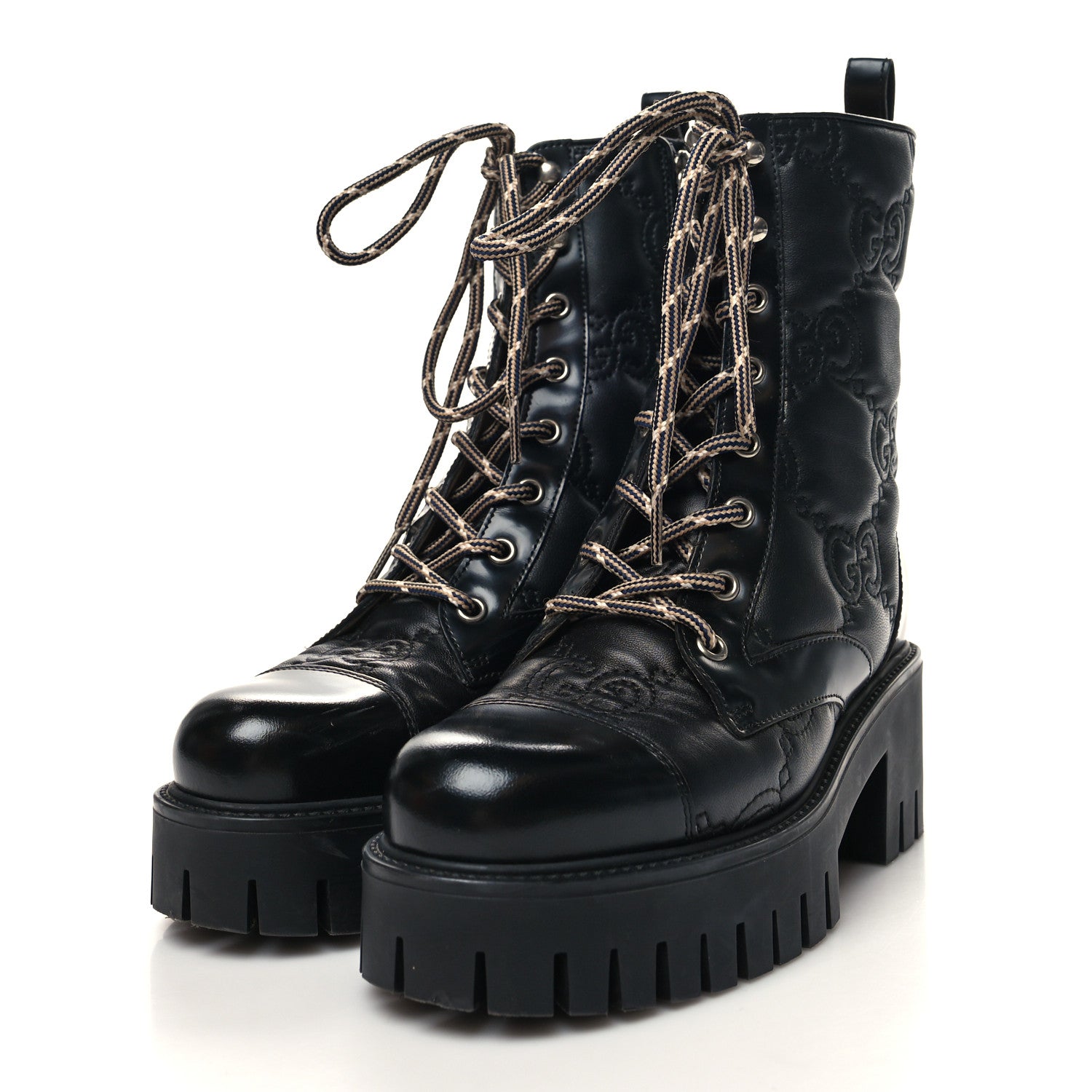 Gucci Cordovan Lux Nappa GG Matelasse Lace Up 60mm Combat Boots 36.5 Black 3 of 8