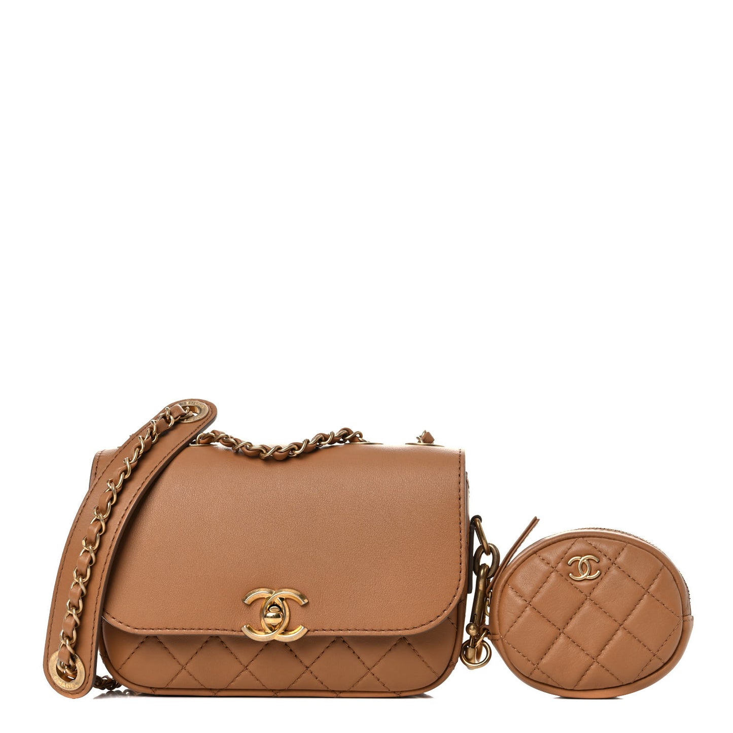 Calfskin Quilted Multi Pouching Flap And Coin Purse Beige