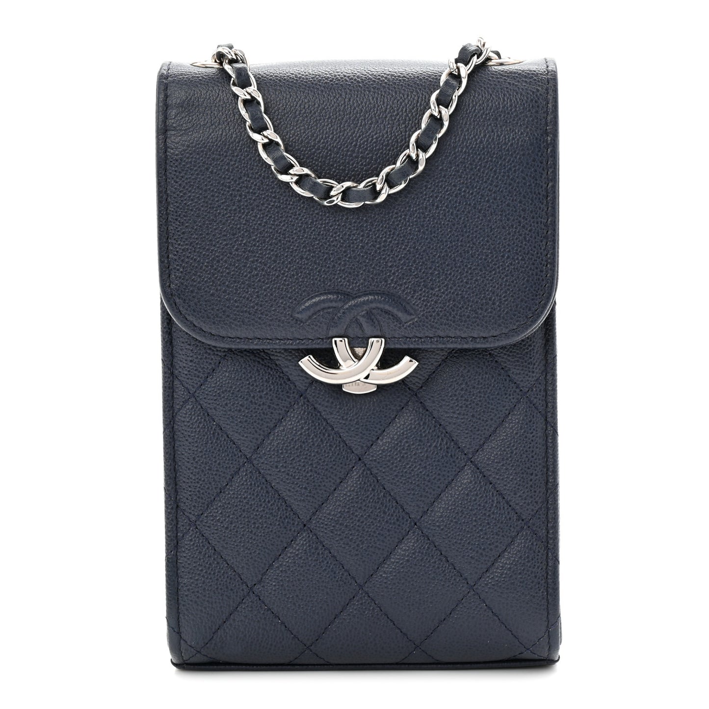 Grained Calfskin Quilted CC Box Clutch With Chain Navy