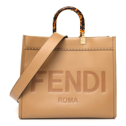 Fendi Vitello King Plexiglass Logo Embossed Medium Fendi Sunshine Shopper Tote Miele Scuro 1 of 12