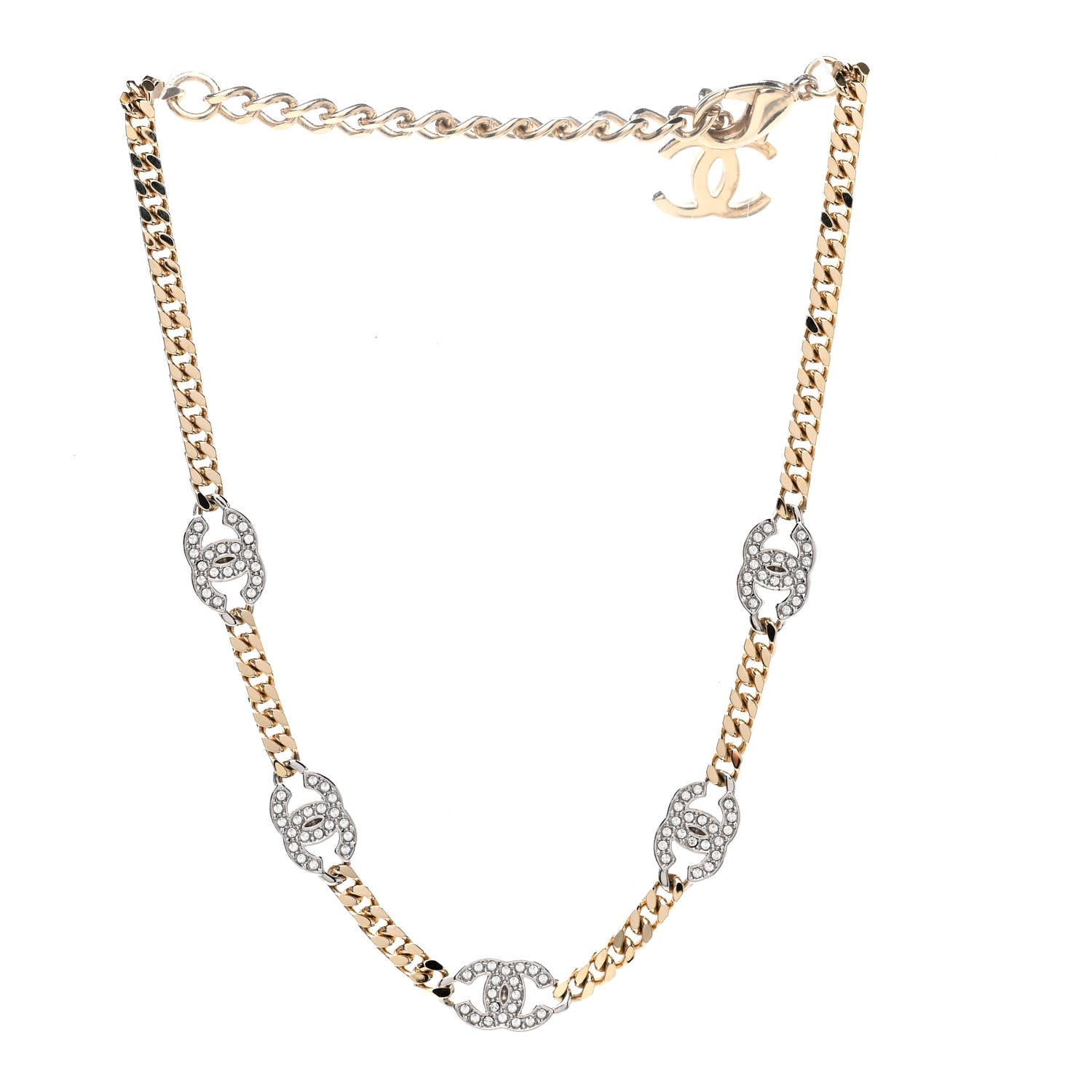 Chanel Crystal Chain CC Link Choker Gold Silver 3 of 4