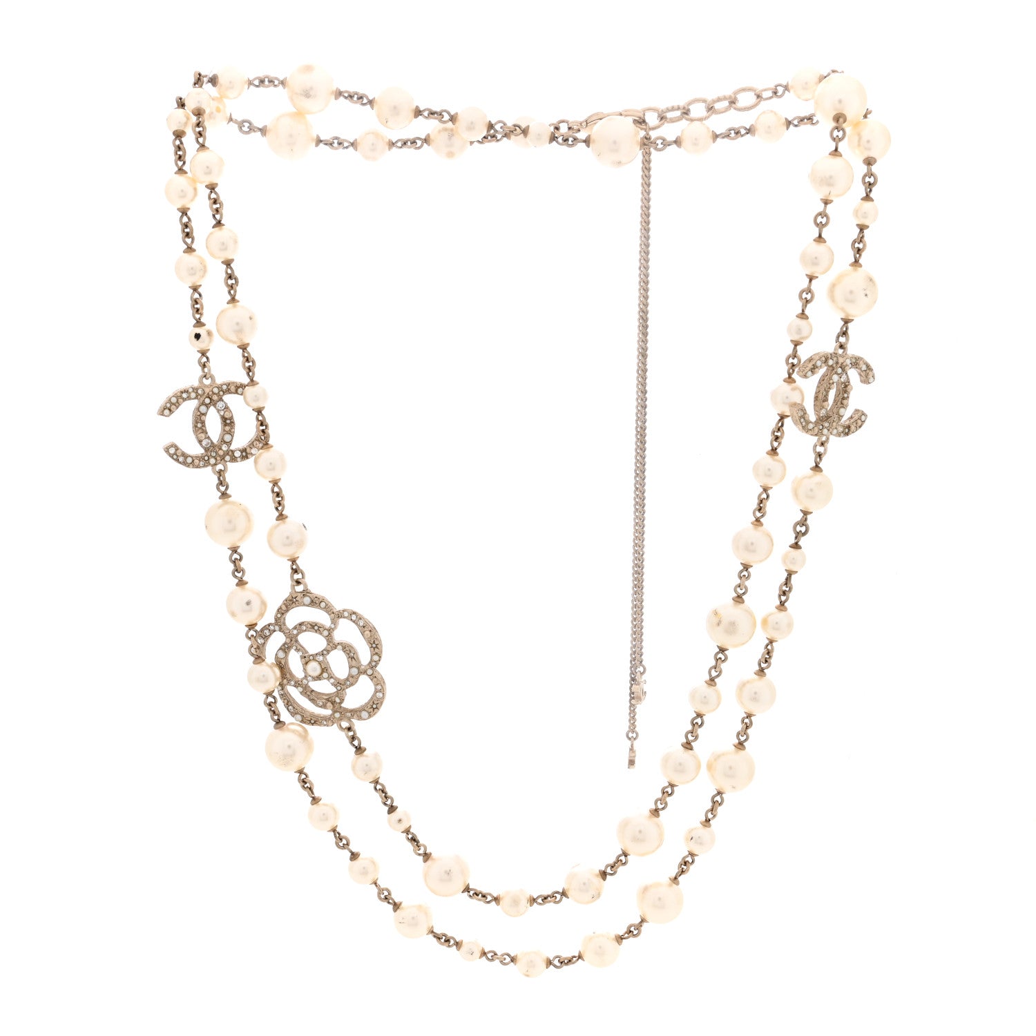 Chanel Pearl Crystal Camellia CC Long Necklace Gold 3 of 9