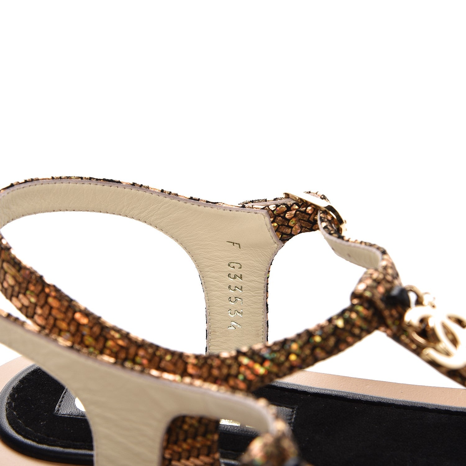 Chanel Fantasy Goatskin Suede CC Chain Thong Sandals 37.5 Gold Black 5 of 9
