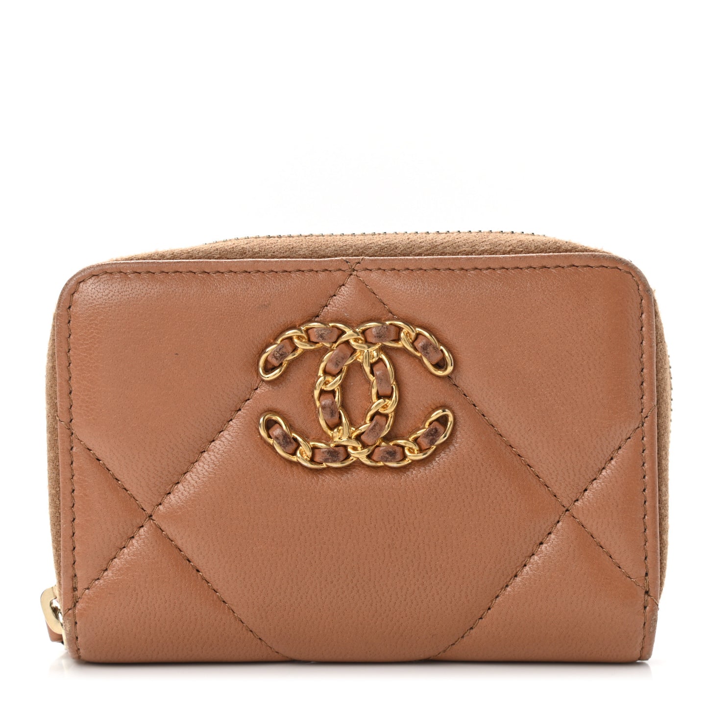Shiny Goatskin Quilted 19 Zip Around Coin Purse Wallet Brown