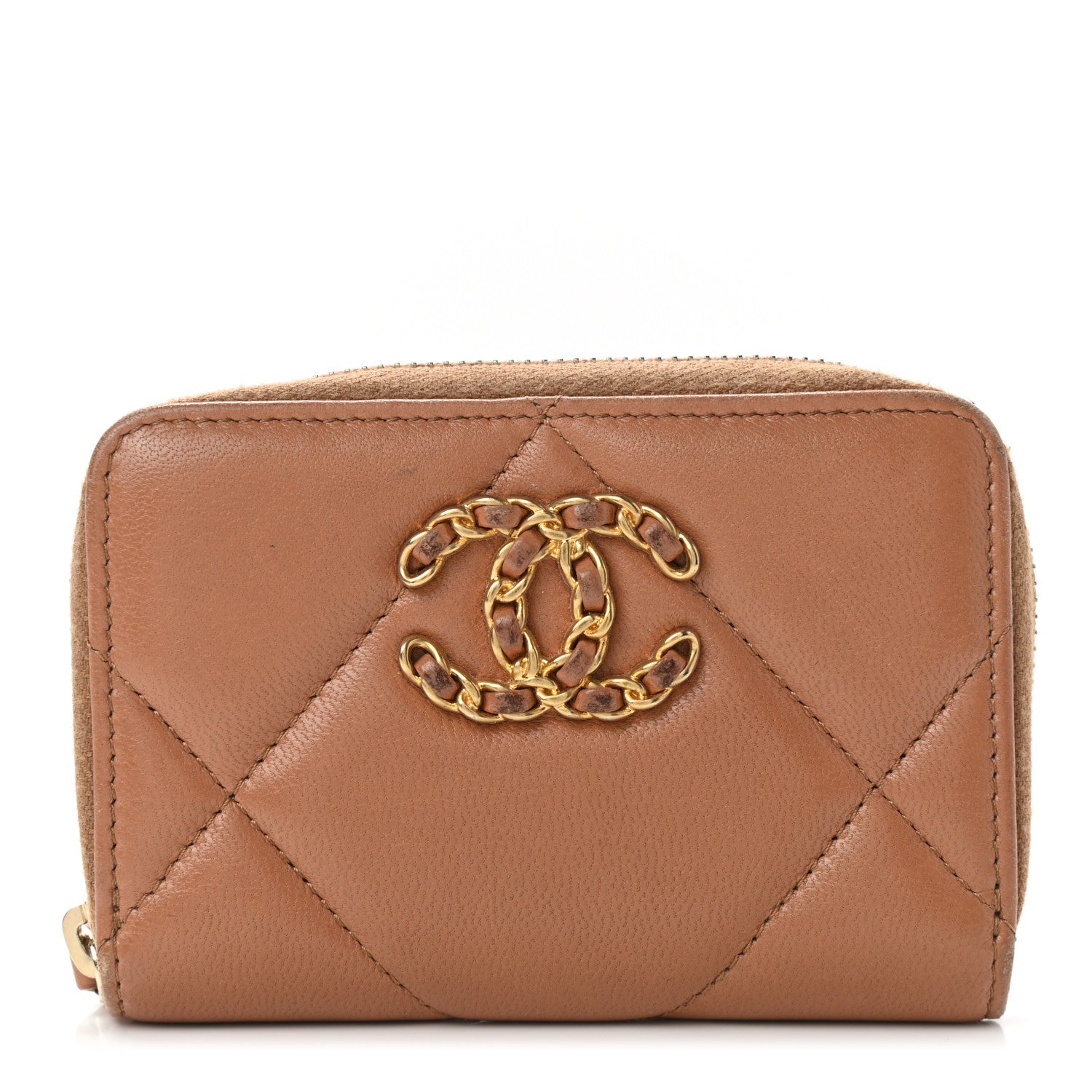 Chanel Shiny Goatskin Quilted 19 Zip Around Coin Purse Wallet Brown 1 of 8