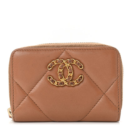 Chanel Shiny Goatskin Quilted 19 Zip Around Coin Purse Wallet Brown 1 of 8