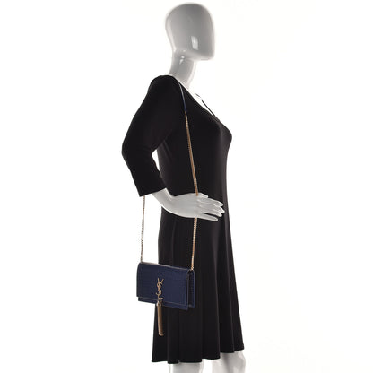 Saint Laurent Calfskin Crocodile Embossed Kate Monogram Tassel Chain Wallet Royal Blue 3 of 12