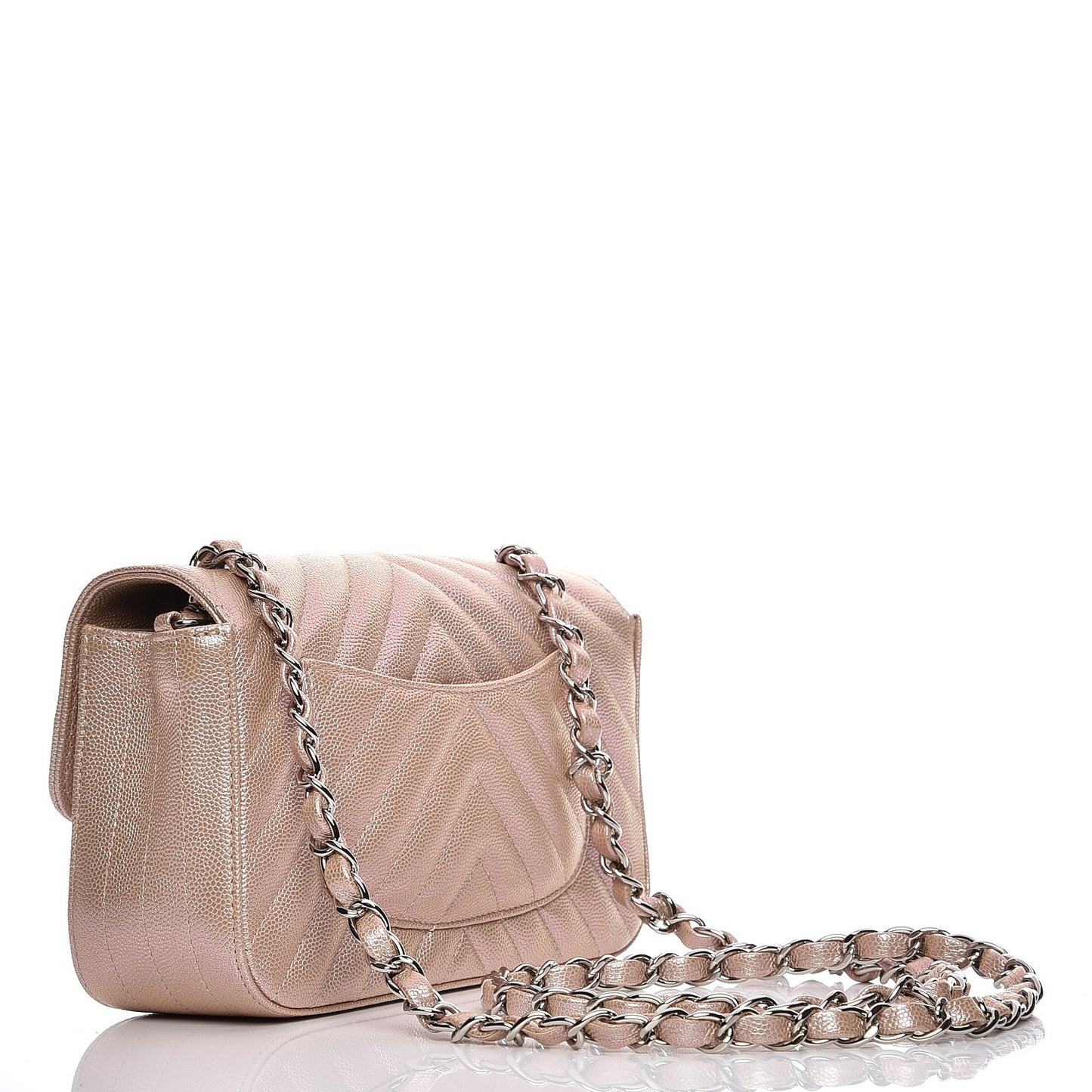 Iridescent Caviar Chevron Quilted Mini Rectangular Flap Light Gold