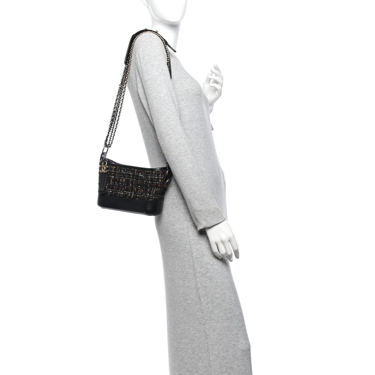 Chanel Tweed Calfskin Quilted Small Gabrielle Hobo Black Gold 2 of 14