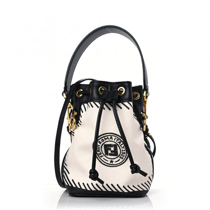 Fendi X JOSHUA VIDES Canvas Calfskin F is Fendi Mini Mon Tresor Bucket Bag White Black 1 of 11