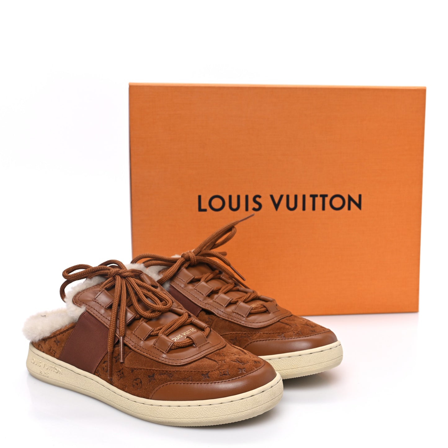 Suede Monogram Debossed Shearling Lous Open Back Sneakers 39 Cognac