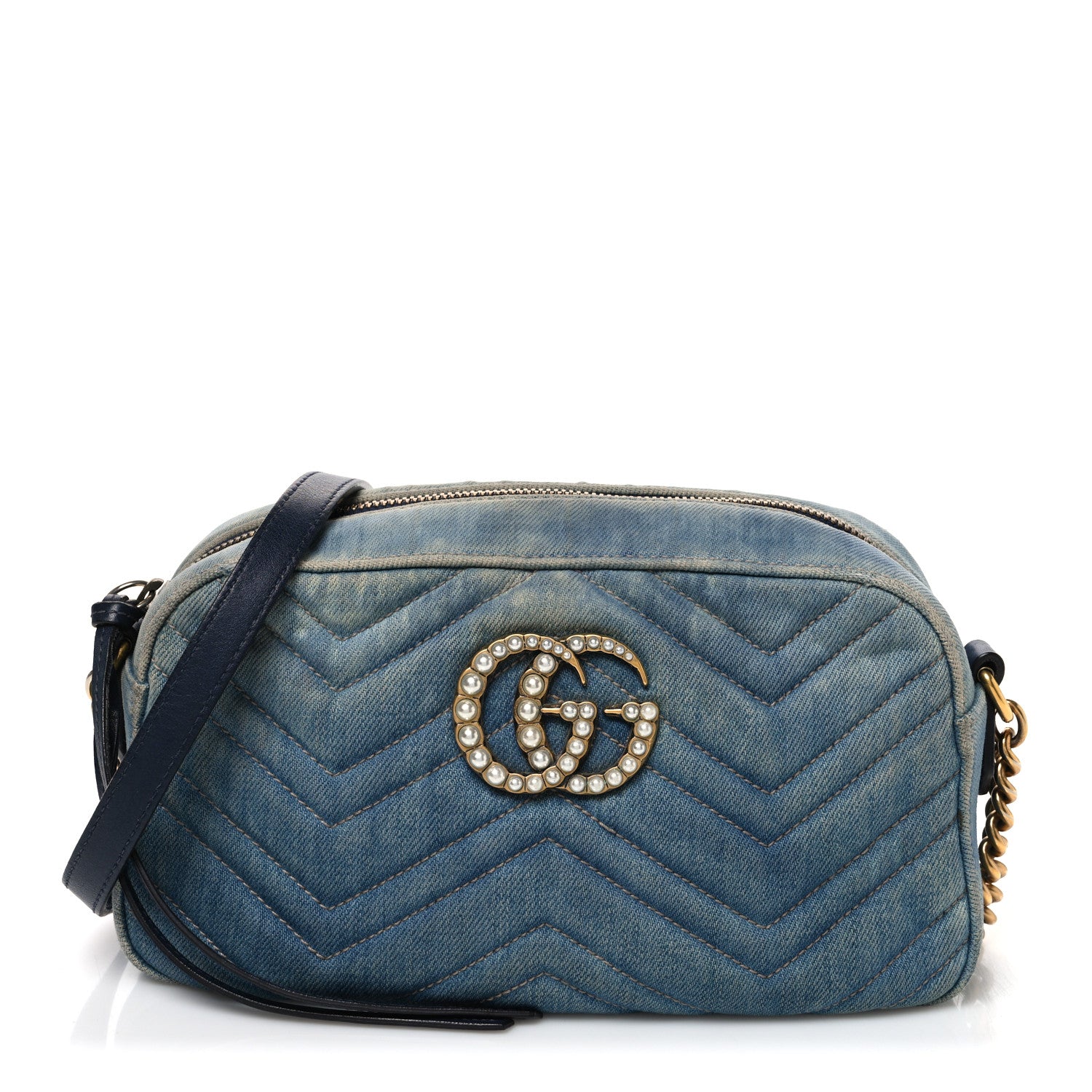 Gucci Denim Matelasse Small Pearly GG Marmont Chain Shoulder Bag Blue 1 of 12