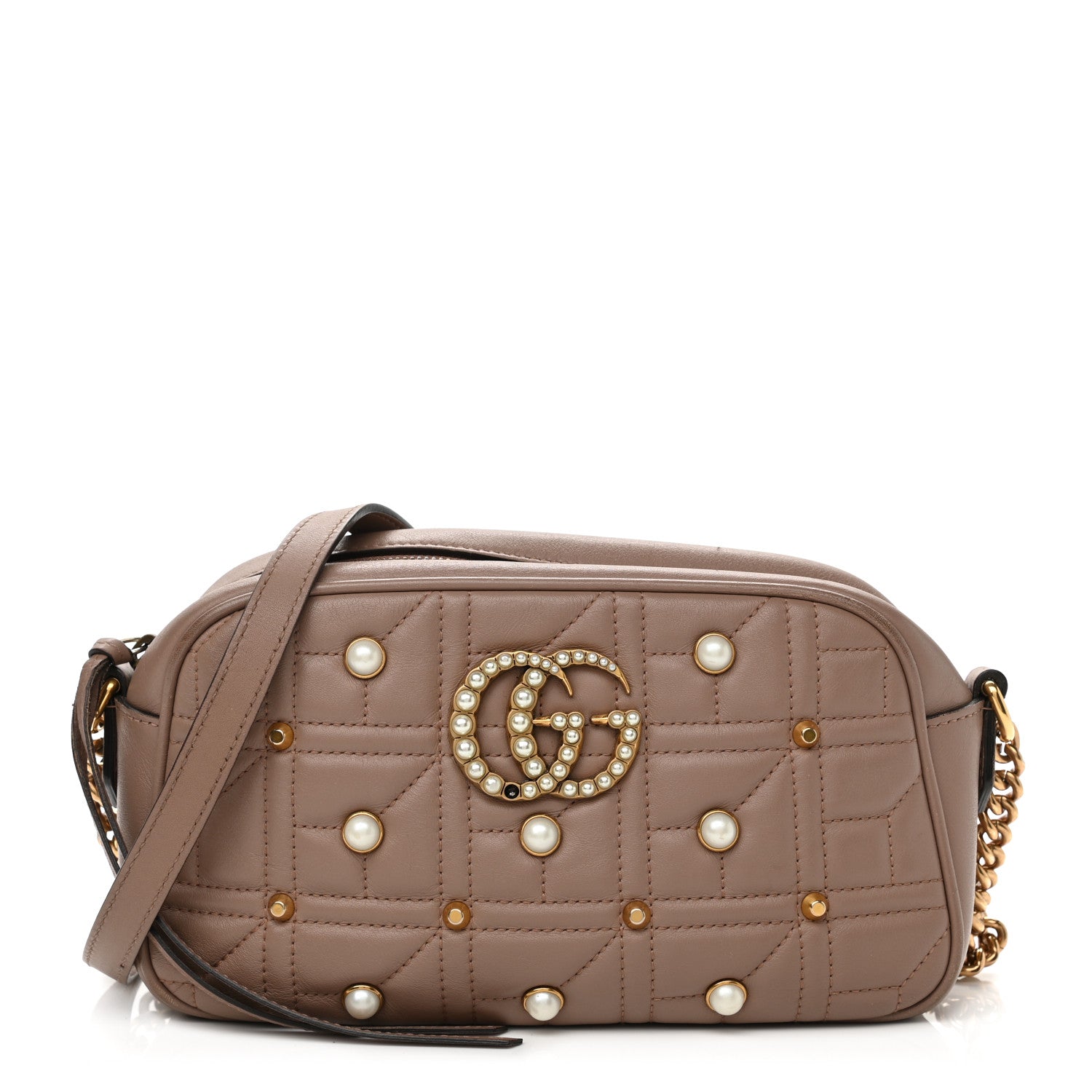 Gucci Calfskin Matelasse Studded Small Pearly GG Marmont Chain Shoulder Bag Porcelain Rose 1 of 10