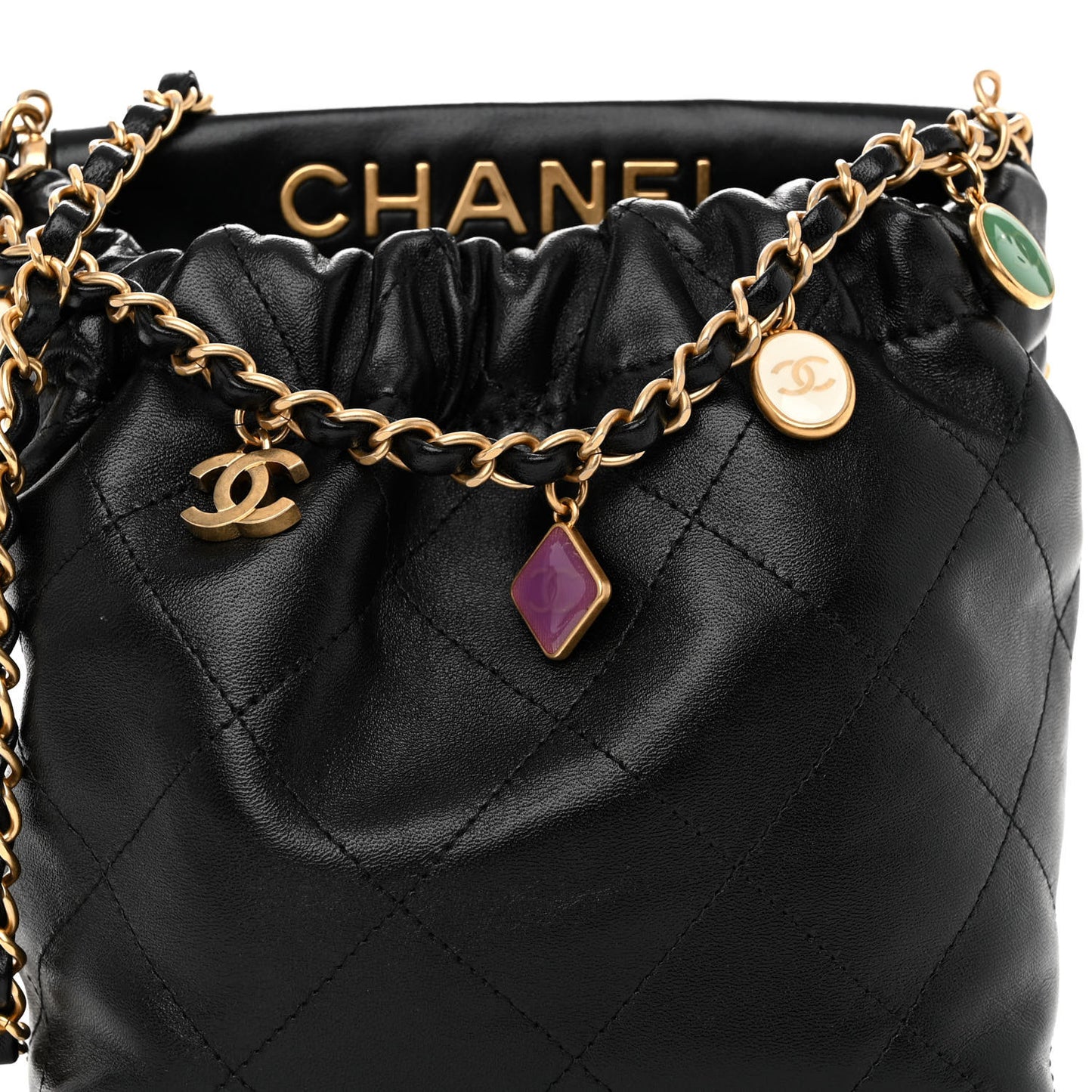 Lambskin Resin Quilted Small Bucket Bag Black