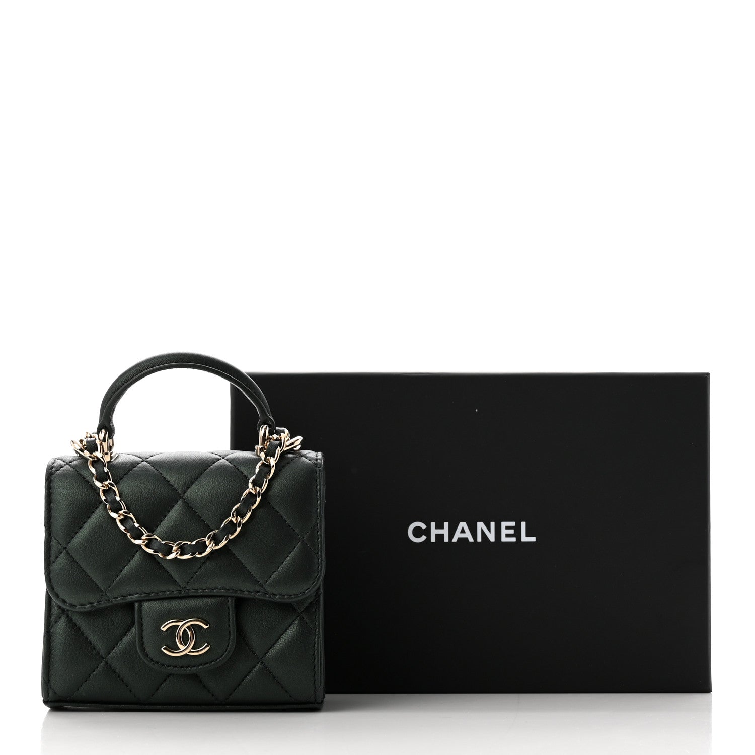 Chanel Iridescent Lambskin Quilted Top Handle Flap Clutch With Chain Dark Green 12 of 12