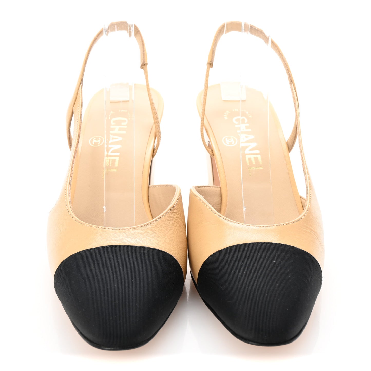 Lambskin Grosgrain Cap Toe CC Slingback Pumps 37.5 Beige Black