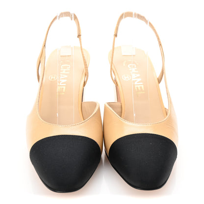 Chanel Lambskin Grosgrain Cap Toe CC Slingback Pumps 37.5 Beige Black 3 of 10