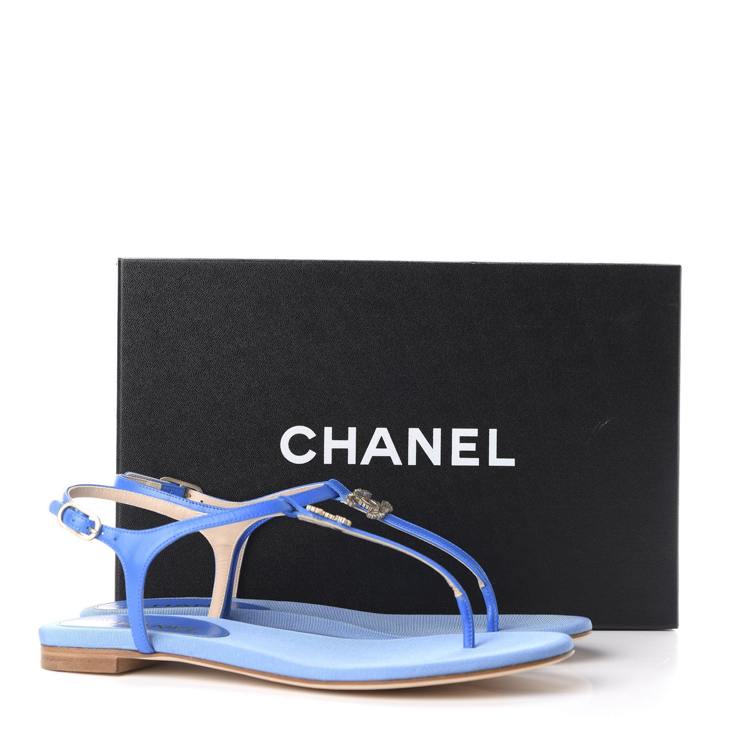 Chanel Shiny Kidskin CC Logo Thong Sandals 37.5 Blue 10 of 10