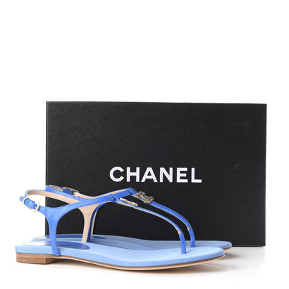 Chanel Shiny Kidskin CC Logo Thong Sandals 37.5 Blue 10 of 10