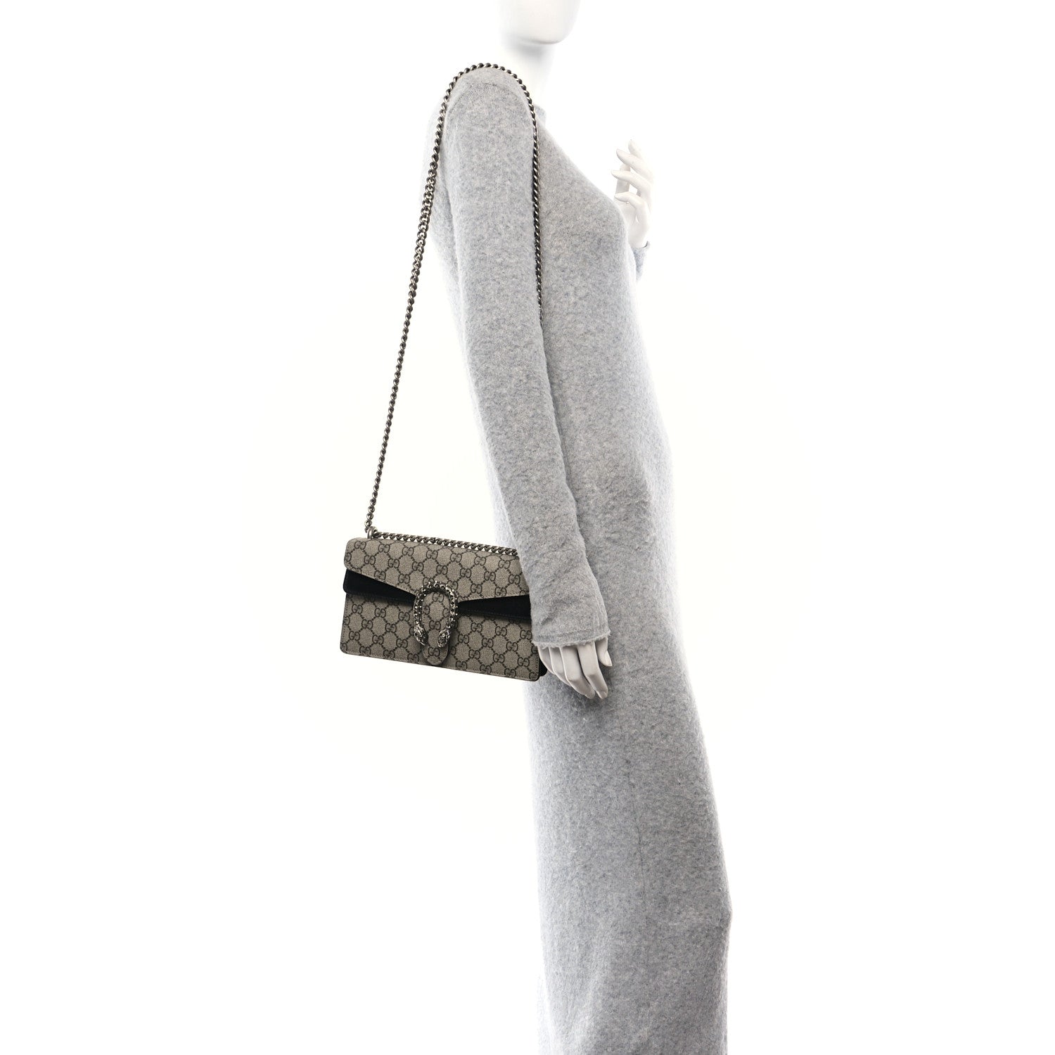 Gucci GG Supreme Monogram Suede Crystal Small Dionysus Shoulder Bag Beige Ebony Black 2 of 10