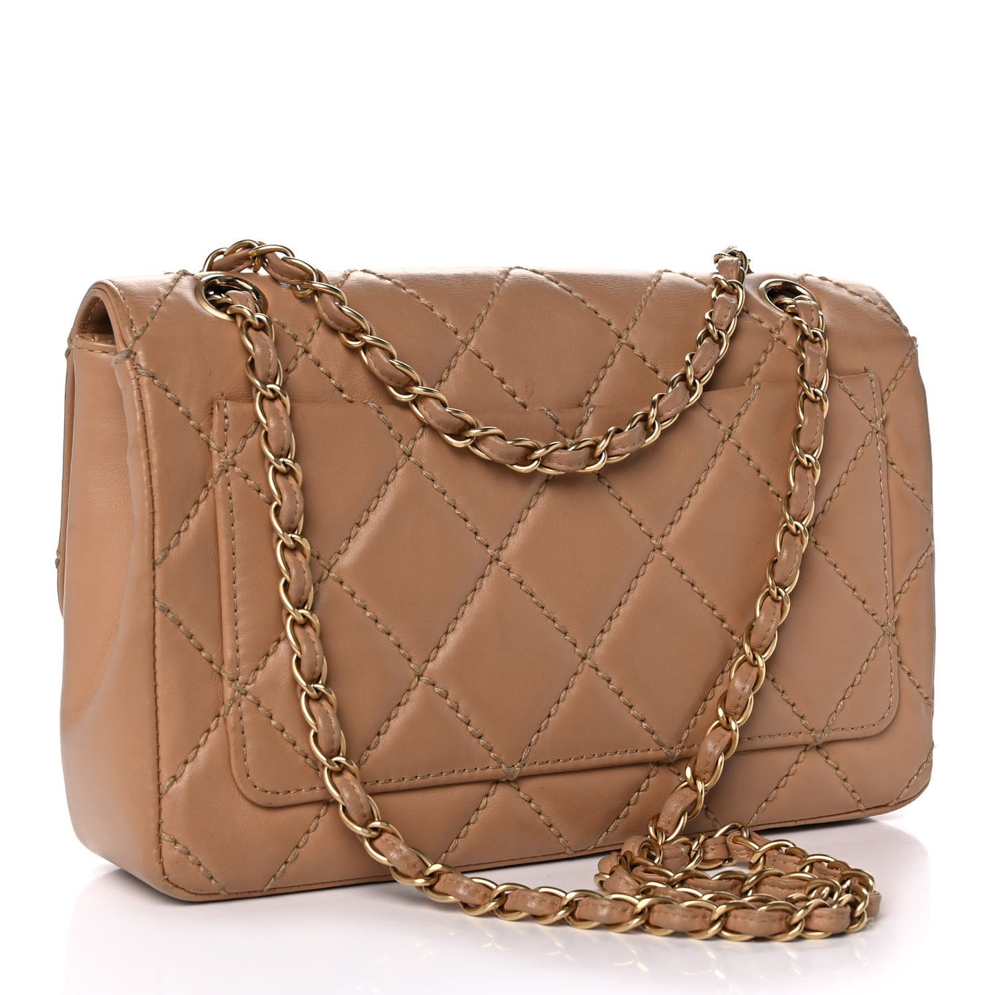 Calfskin Quilted Contrast Stitch Medium Flap Beige