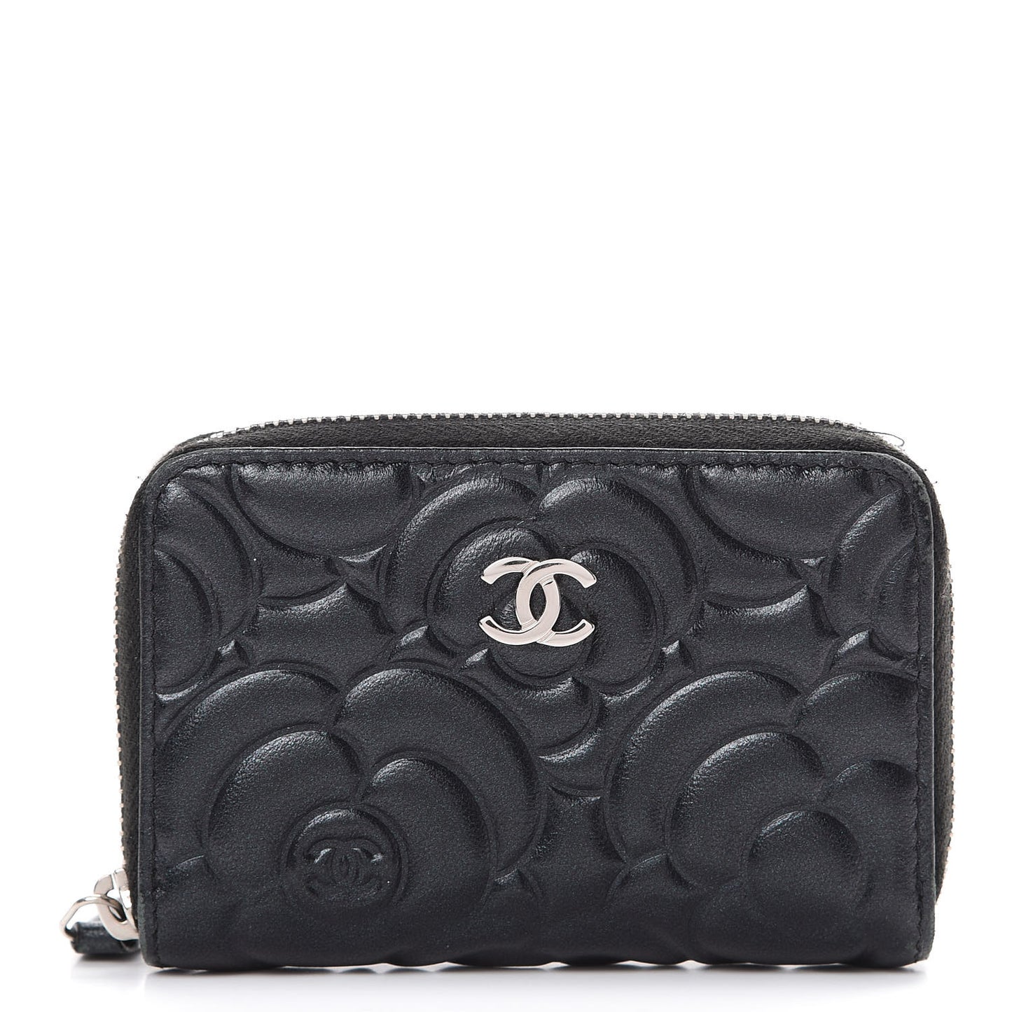 Goatskin Camellia Embossed Zip Coin Purse Black