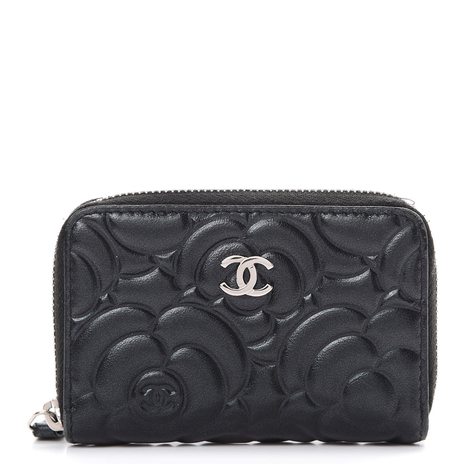 Chanel Goatskin Camellia Embossed Zip Coin Purse Black 1 of 6