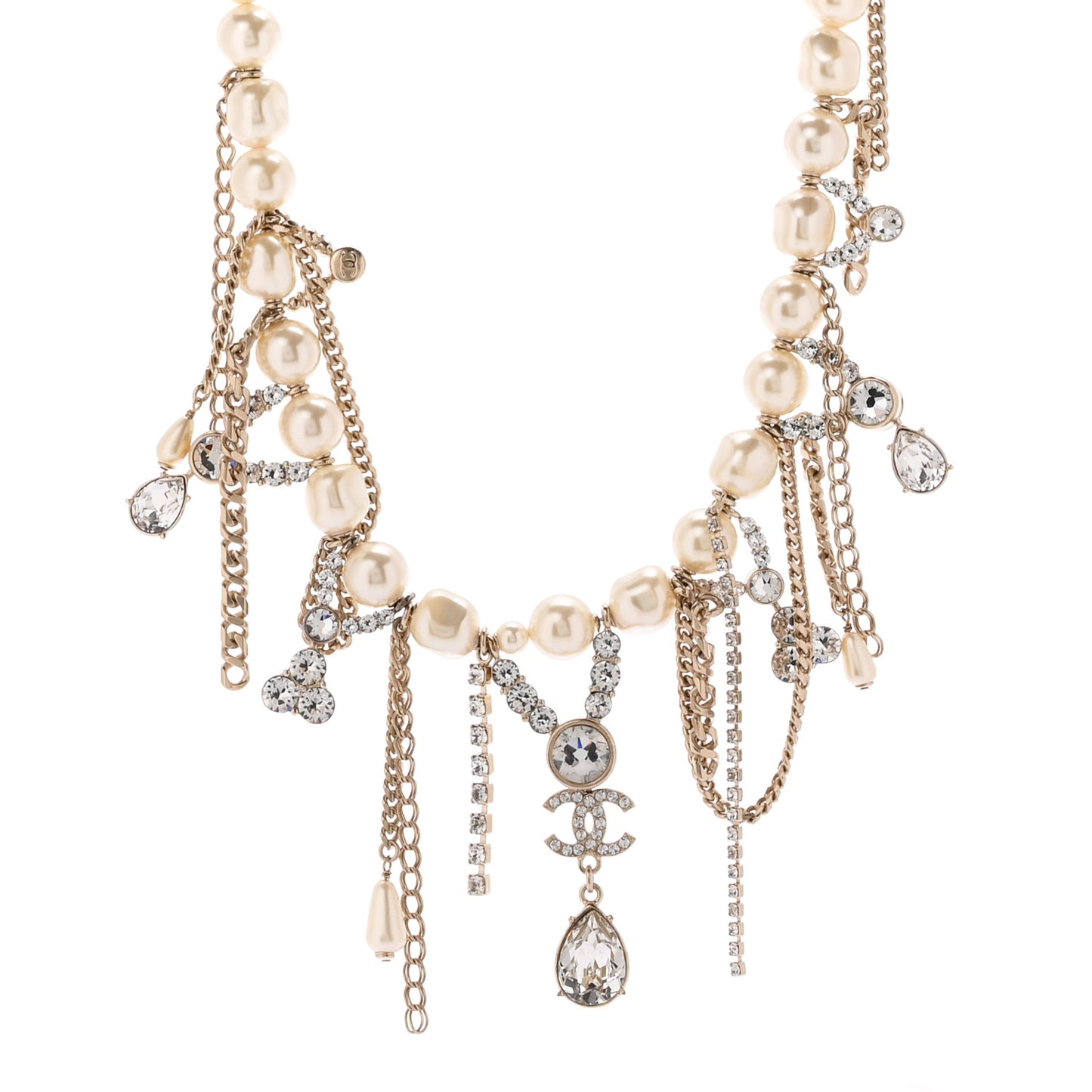 Pearl Crystal CC Dangle Short Necklace Gold