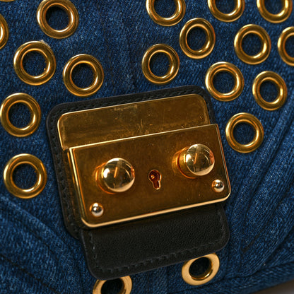 Miu Miu Denim Crystal Embellished Grommet Biker Shoulder Bag Blue Black 10 of 10