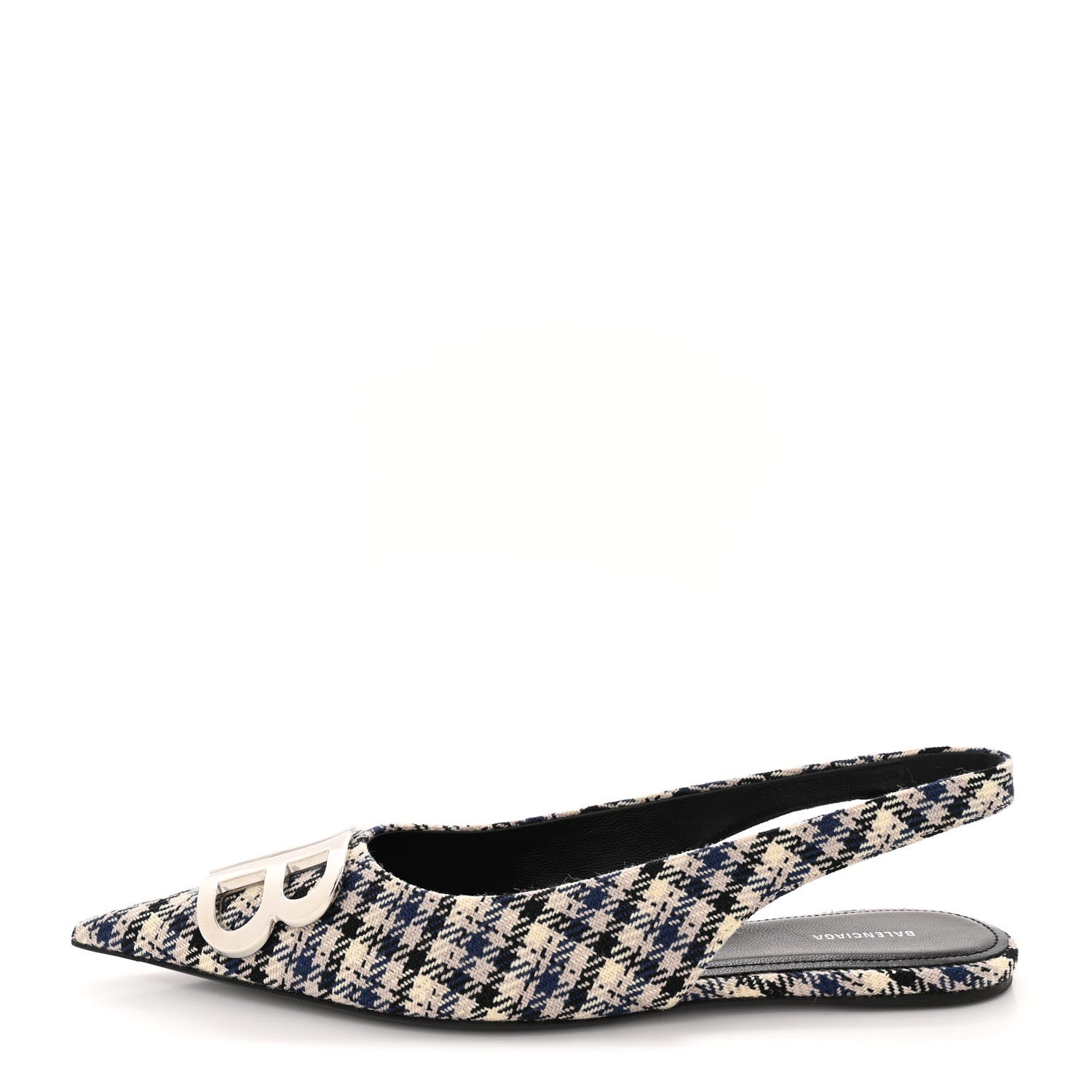 Balenciaga Tweed Prince Of Wales BB Knife Pointy Toe Slingback Flats 36 Beige Navy Silver 1 of 12