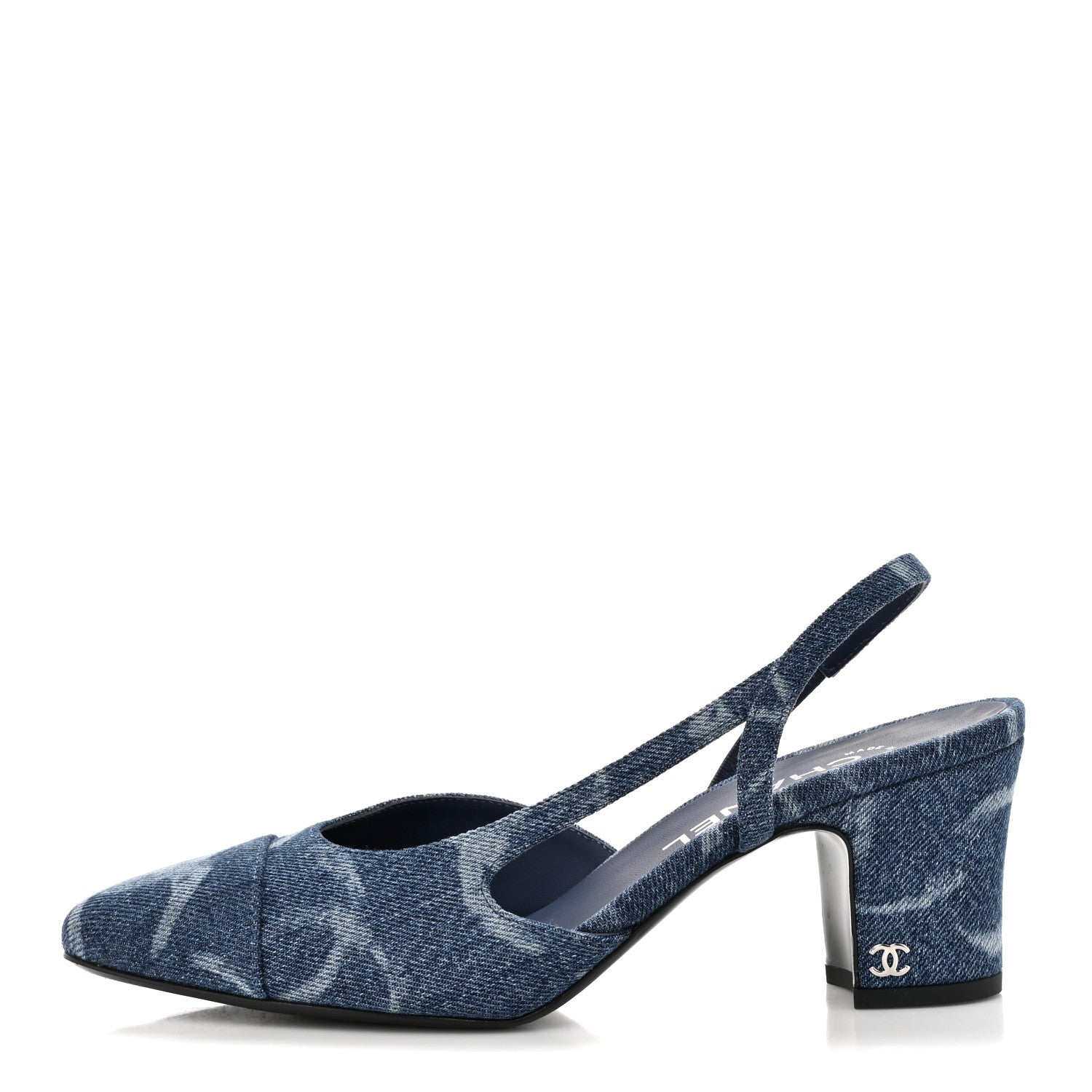 Chanel Printed Denim Cap Toe CC Slingback Pumps 38.5 Dark Blue White 1 of 8